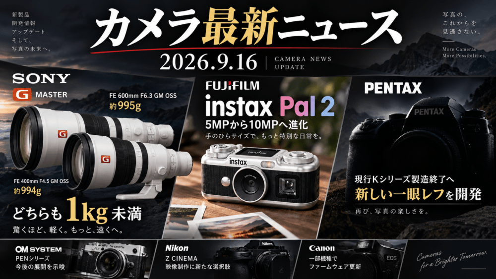 【2026年9月16日】カメラ最新ニュースまとめ：ソニー超望遠GM、instax Pal 2、PENTAX新一眼レフなど最新動向